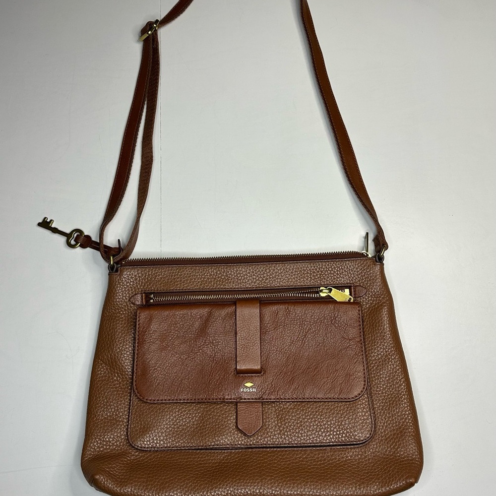 FOSSIL Brown Pebbled Leather Crossbody Handbag Purse Zip